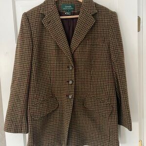Lauren Ralph Lauren Women's Brown Plaid Blazer 12 Horse Button
